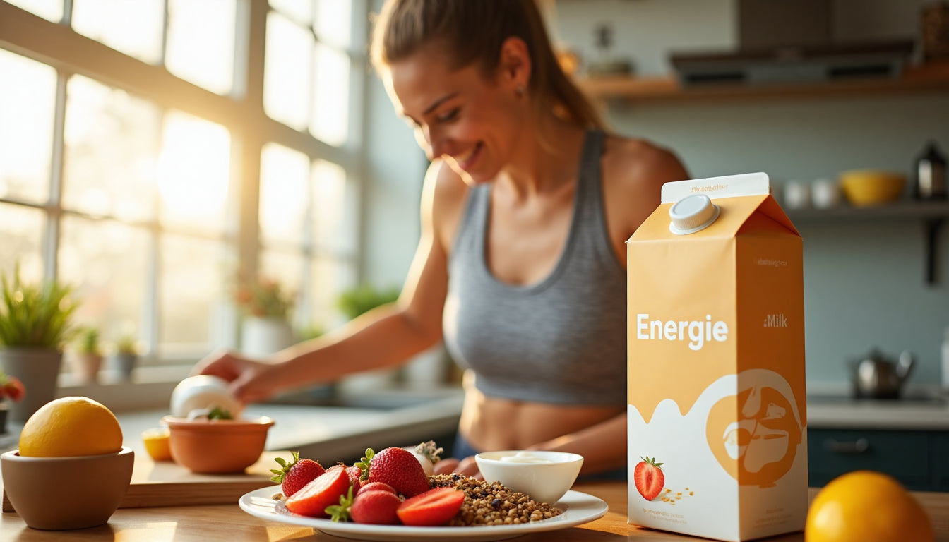 Frau bereitet energiegeladenes Frühstück mit sichtbar beschrifteter Milchpackung zu
