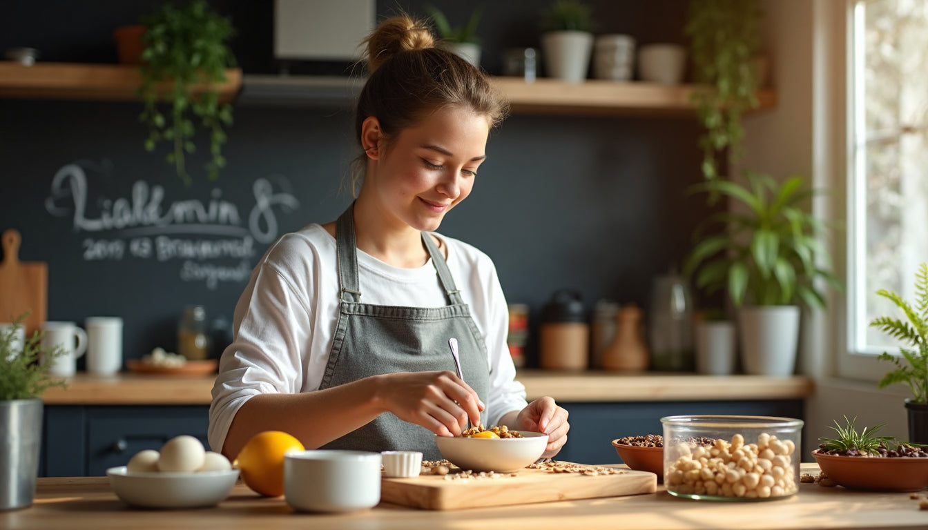Young person enjoying healthy breakfast in sunlit kitchen with Vitamin B food menu chalkboard