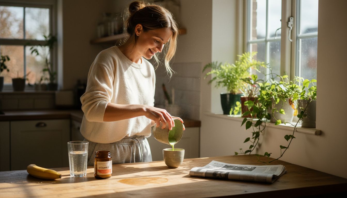 Woman making matcha tea in sunny home kitchen
