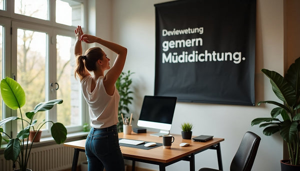 Woman stretches at standing desk in sunlit home office