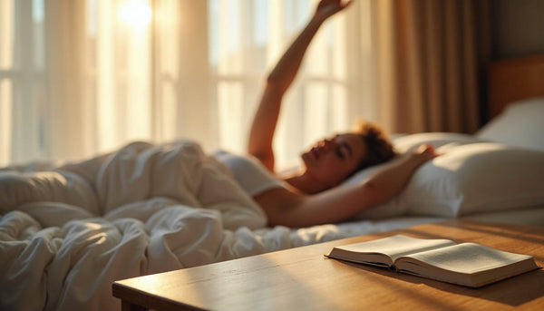 Person stretching in sunlit, tidy bedroom with bedside 'Besser schlafen' text