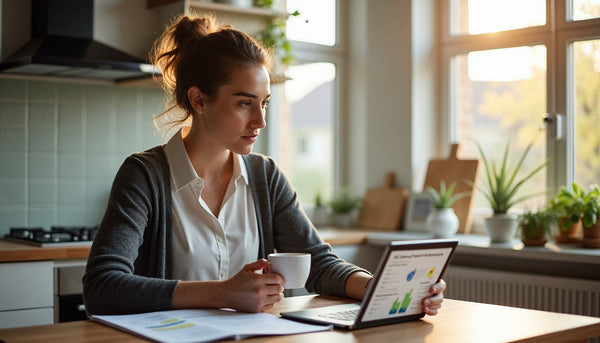 Woman reviews health report in sunlit kitchen