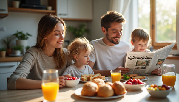 Familie genießt gesundes Frühstück am sonnigen Esstisch