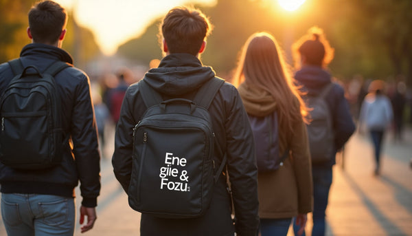 Diverse friends walking in a sunny park, messenger bag with Energie & Fokus banner
