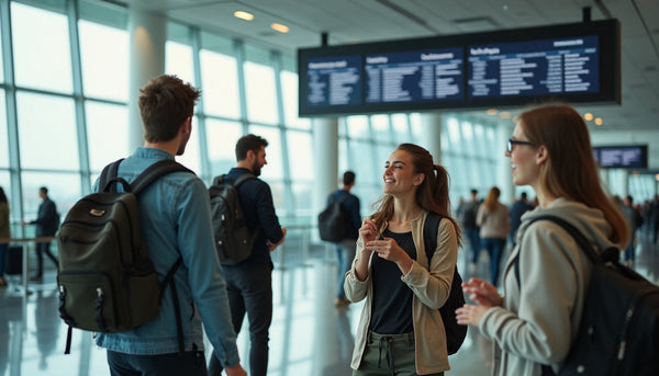 Travelers in airport checking watches under Jetlag Tipps banner