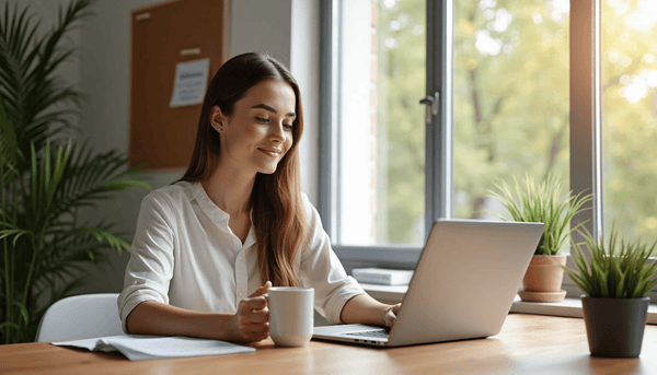 Woman in bright home office with Gelassenheit note