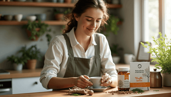 Young adult prepares herbal tea with adaptogen products and brochure
