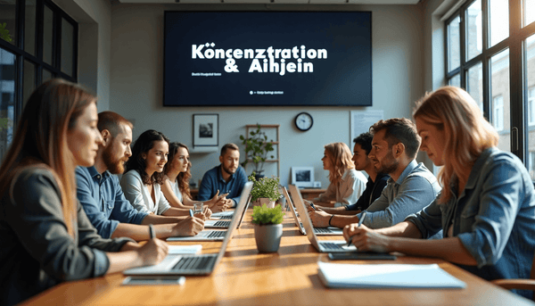 Diverse team focused on work with digital screen showing 'Konzentration & Alltag'