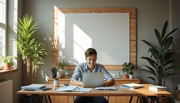 Young adult organizing desk in sunlit modern home office