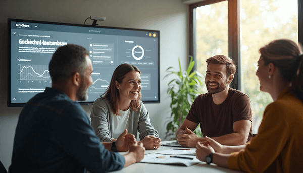Three adults discussing in modern sunlit office with motivational text on screen