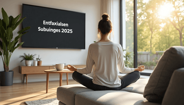 Junge Frau entspannt auf Sofa mit digitalem Achtsamkeitsposter