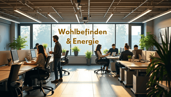 Modern office with ergonomic furniture, natural light, and people working healthily