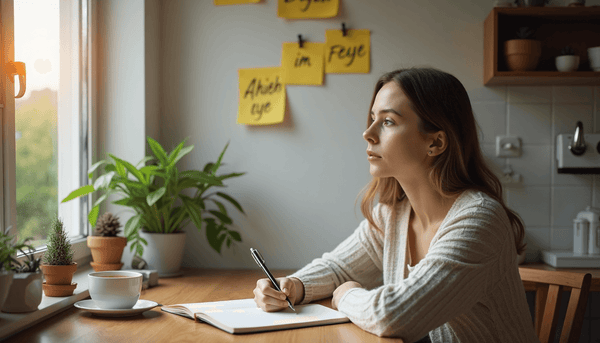 Young adult reflecting at table, 'Energie im Alltag' sticky note on wall