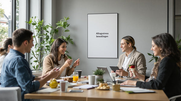 Professionals in bright office reducing Alltagsstress with teamwork.