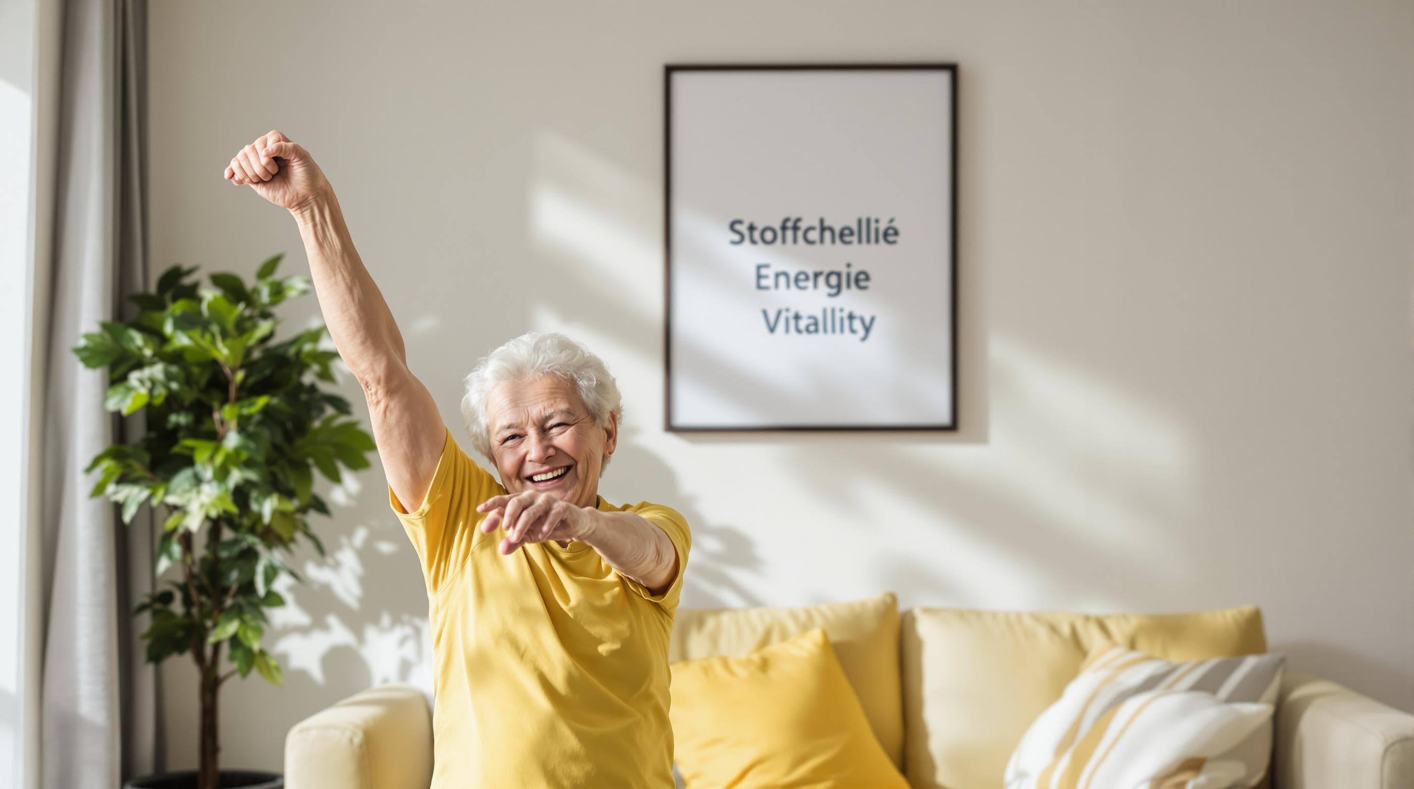 Older couple stretching at home with motivational Stoffwechsel Energie poster