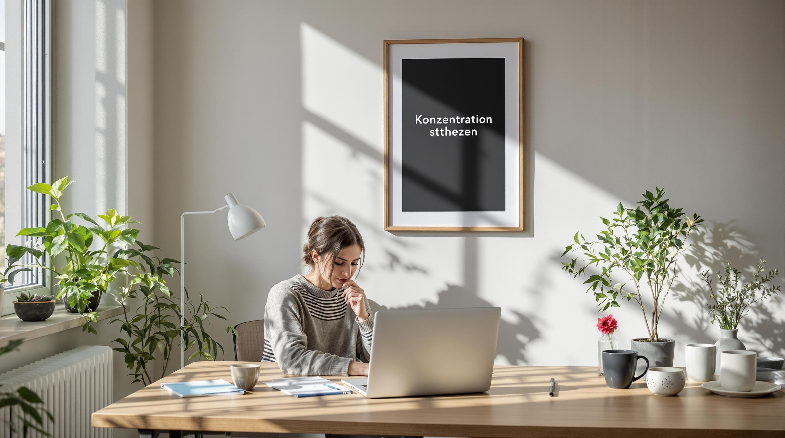 Person arbeitet fokussiert an aufgeräumtem Schreibtisch mit 'Konzentration stärken' Poster im Hintergrund