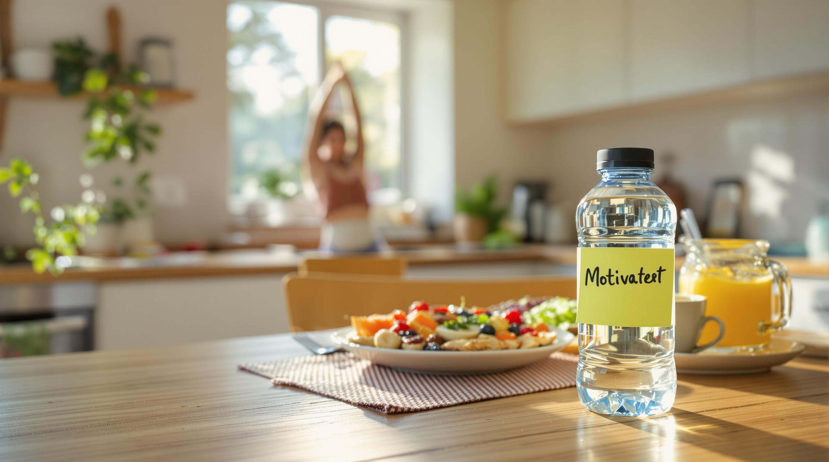 Person starts day stretching by window, healthy breakfast and motivation note in sunny kitchen