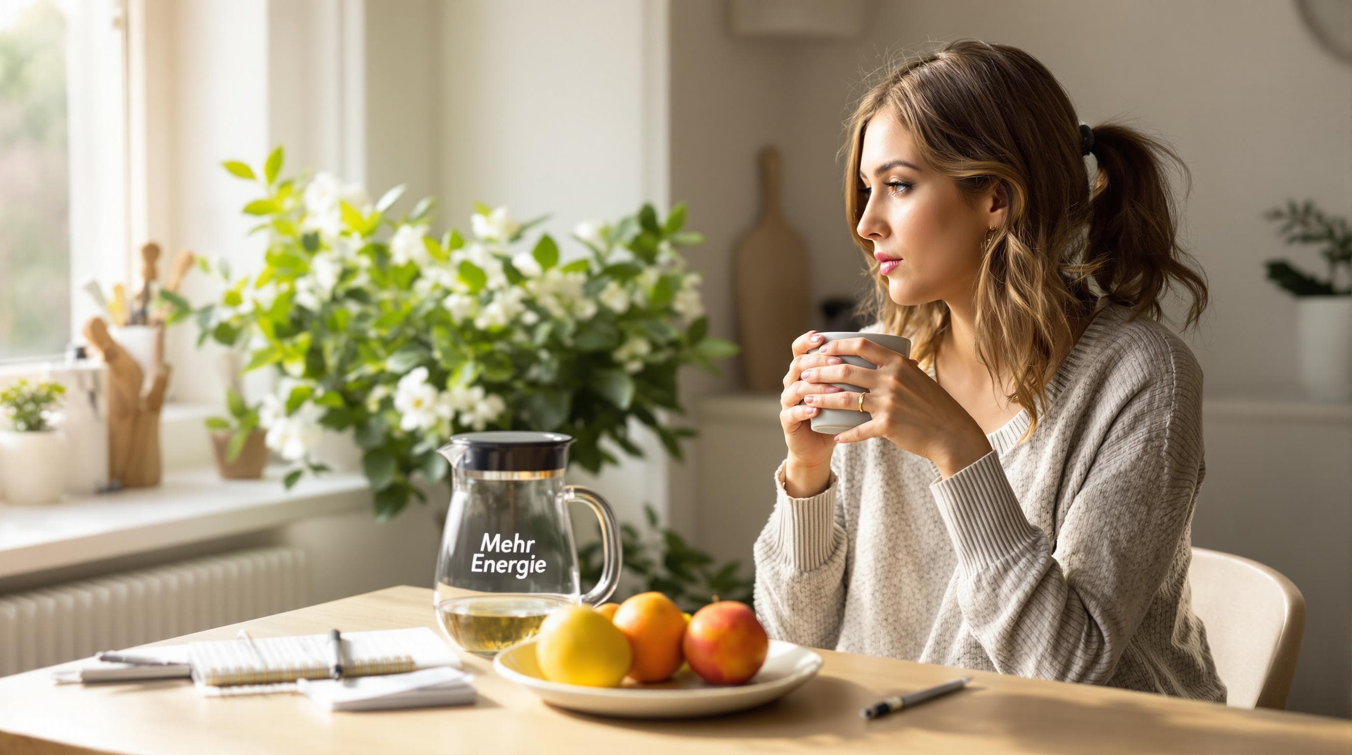 Woman enjoying mindful morning breakfast with 'Mehr Energie' on water carafe
