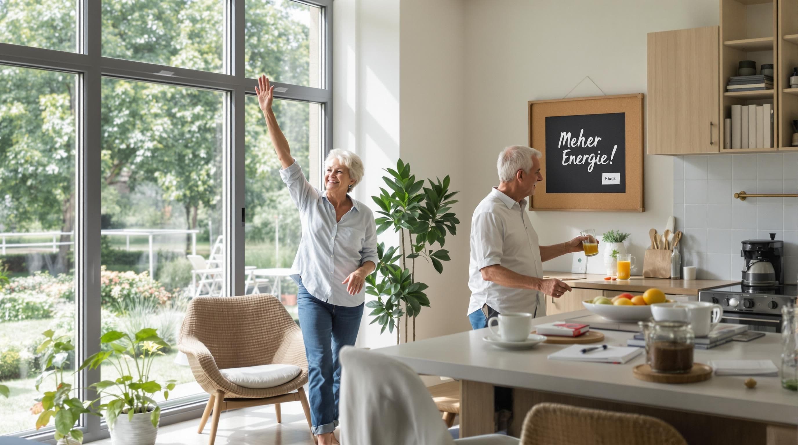 Older couple enjoying healthy morning with stretching and smoothie