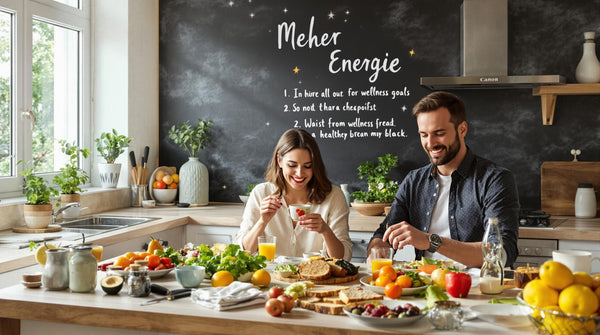 People enjoying a healthy breakfast with 'Mehr Energie' on a kitchen chalkboard