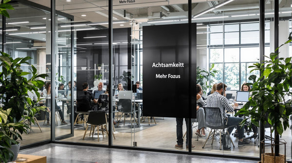 Modern office with relaxed and focused professionals, 'Achtsamkeit' poster at entrance.