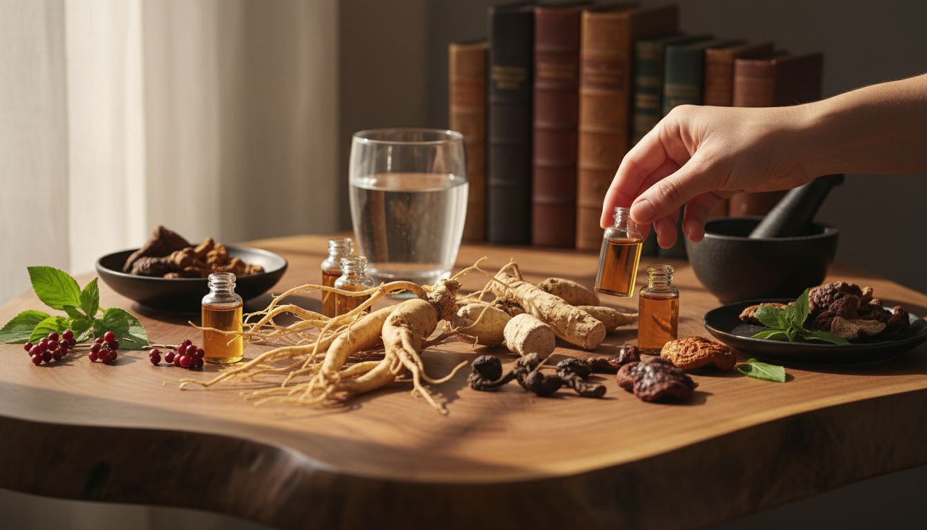 Collage verschiedener Adaptogen-Pflanzen und Extrakte