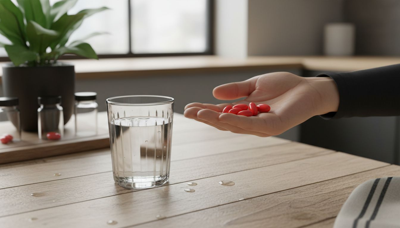 Hand with Vitamin B12 tablets in bright kitchen