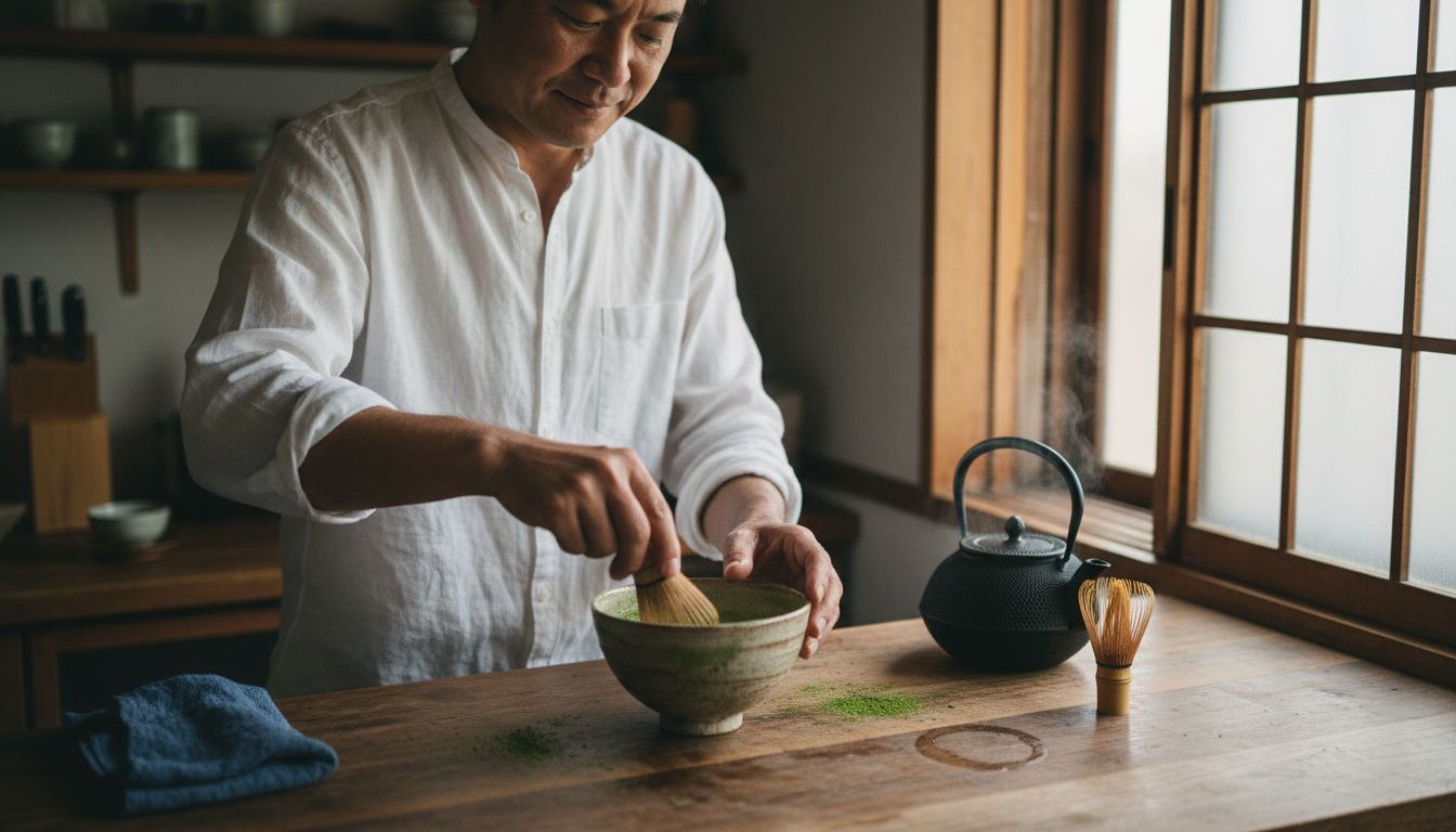 Man whisking matcha powder in home kitchen
